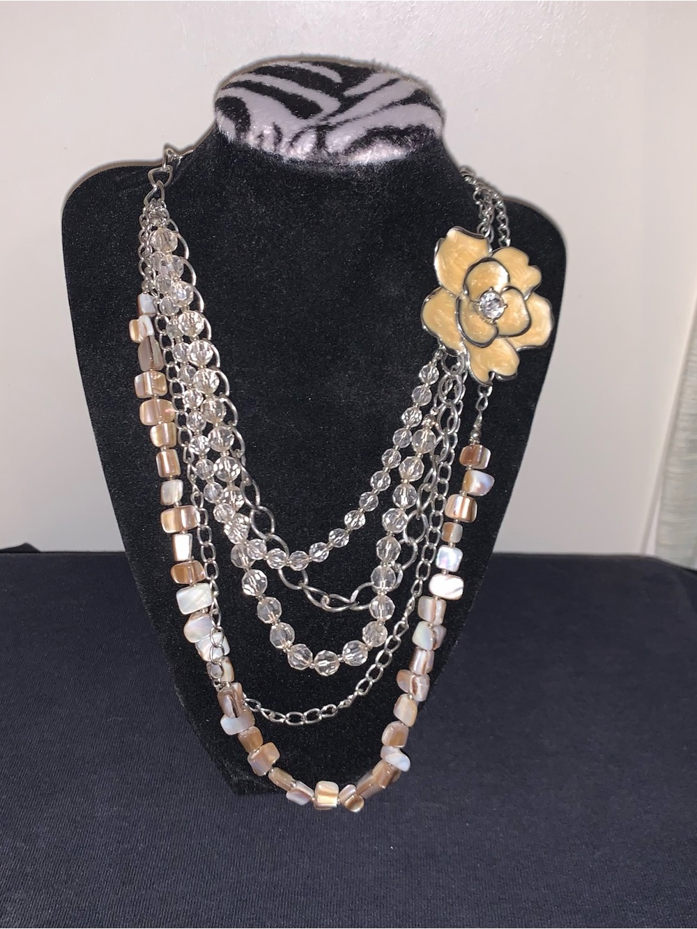 Multi-Strand Beige Flower Accent Necklace with Silver Chains